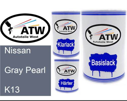 Nissan, Gray Pearl, K13: 500ml Lackdose + 500ml Klarlack + 250ml Härter - Set, von ATW Autoteile West.